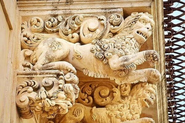 Noto - baroque details of balcony at the Palazzo Villadorata (Palazzo Nicolaci), Noto Old Town, Sicily, Italy UNESCO