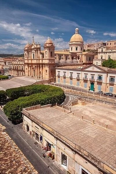 Noto, Sicily, Italy. Aerial cityscape image of historical city of Noto, Sicily with Noto Cathedral at sunny day