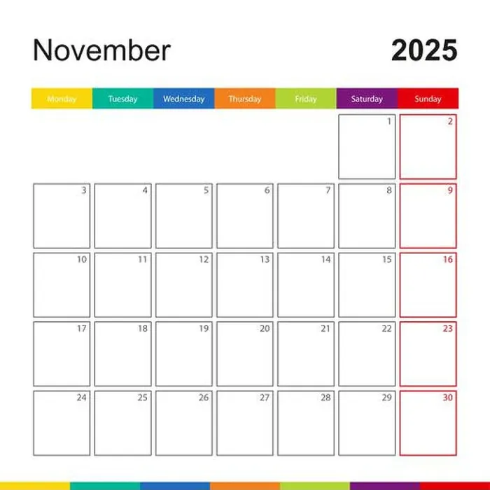 Framed Print : November 2025 colorful wall calendar, week starts on Monday. 2025 Calendar template Framed Print : November 2025 colorful wall calendar, week starts on Monday. 2025 Calendar template