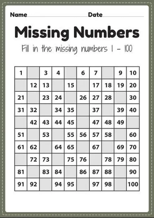 Framed Print : Number worksheets, missing numbers 1 to 100 printable sheet for preschool and kindergarten kids activity to learn basic mathematics skills Framed Print : Number worksheets, missing numbers 1 to 100 printable sheet for preschool and kindergarten kids activity to learn basic mathematics skills