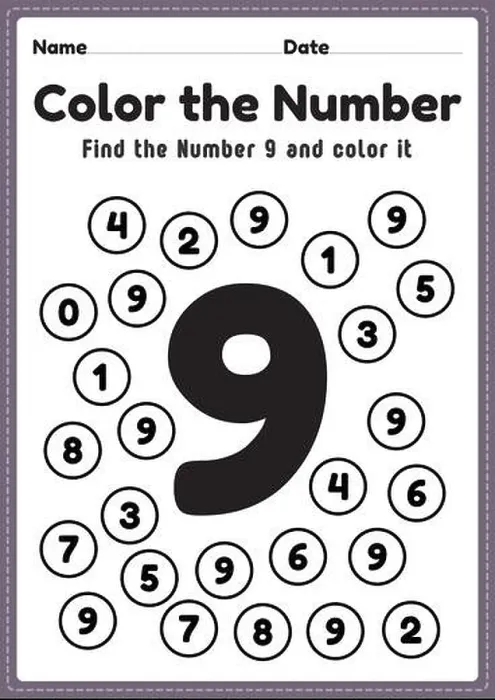 Framed Print : Number worksheets for preschool, number 9 coloring math activities for kindergarten kids to learn basic mathematics skills in a printable page Framed Print : Number worksheets for preschool, number 9 coloring math activities for kindergarten kids to learn basic mathematics skills in a printable page
