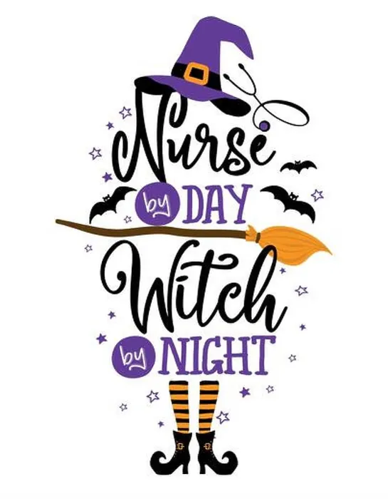 Framed Print : Nurse by day, Witch by Night - Halloween quote on white background with broom