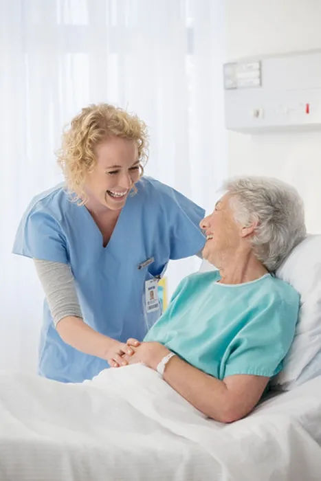 Framed Print : Nurse and senior patient talking in hospital room Framed Print : Nurse and senior patient talking in hospital room