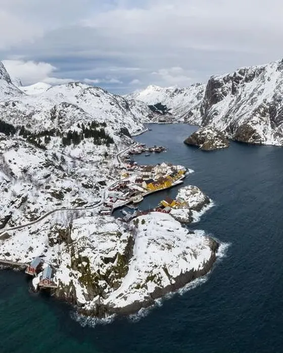 Framed Print : Nusfjord Fishing Village, Rorbu, Fjord and Mountains in Winter. Lofoten Islands, Norway. Aerial View Framed Print : Nusfjord Fishing Village, Rorbu, Fjord and Mountains in Winter. Lofoten Islands, Norway. Aerial View