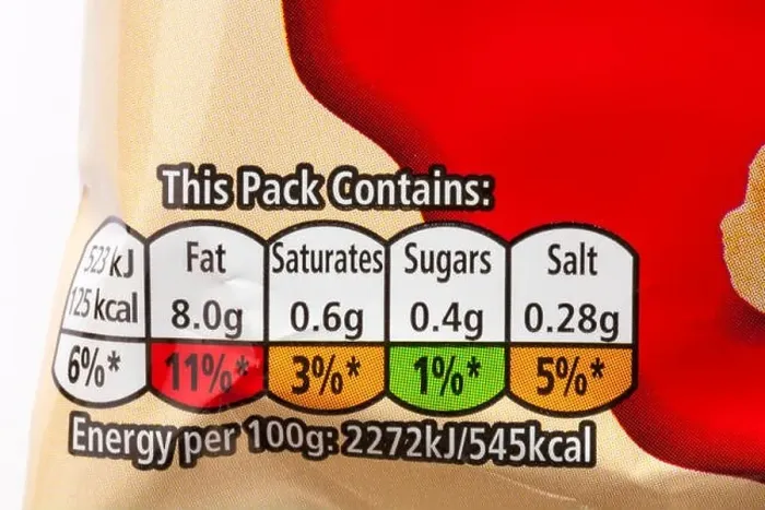 Framed Print : Nutritional information traffic lights system labelling colour coded label on packet of Walkers Crinkles simply salted Framed Print : Nutritional information traffic lights system labelling colour coded label on packet of Walkers Crinkles simply salted
