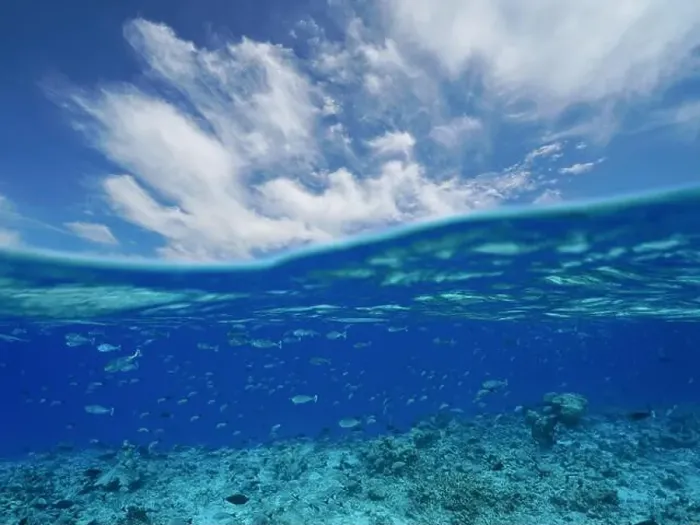 Framed Print : Ocean seascape, blue sky with cloud and reef with school of fish underwater Framed Print : Ocean seascape, blue sky with cloud and reef with school of fish underwater