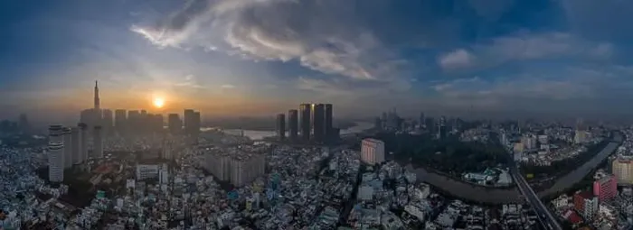 Framed Print : Five o'clock, early morning aerial urban panorama of Ho Chi Minh City featuring city center