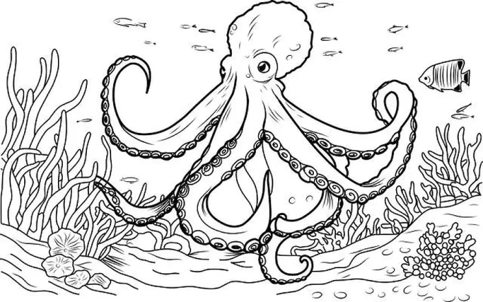 Framed Print : Octopus coloring book. Coloring page simple line illustration of octopus and underwater world Framed Print : Octopus coloring book. Coloring page simple line illustration of octopus and underwater world