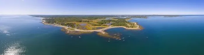 Framed Print : Odiorne Point and coast aerial view panorama in summer in Odiorne Point State Park in town of Rye