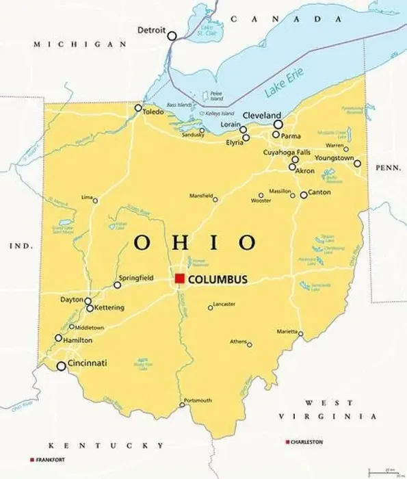 Framed Print : Ohio, OH, political map. State in East North Central region of Midwestern United States of America Framed Print : Ohio, OH, political map. State in East North Central region of Midwestern United States of America