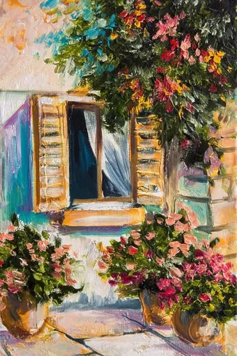 Framed Print : oil painting - beautiful nature, colorful flowers, greek street Framed Print : oil painting - beautiful nature, colorful flowers, greek street