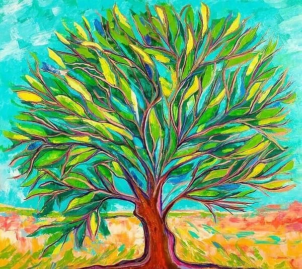 Oil painting landscape, colorful bright abstract tree