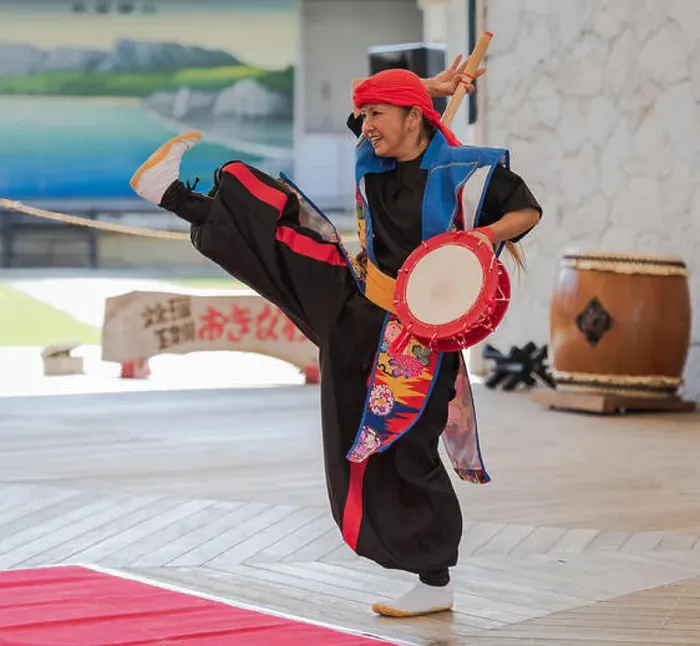 Framed Print : Okinawa / Japan - October 9, 2018: Eisa dancer steps up at Okinawa World folkloric dance performance Framed Print : Okinawa / Japan - October 9, 2018: Eisa dancer steps up at Okinawa World folkloric dance performance