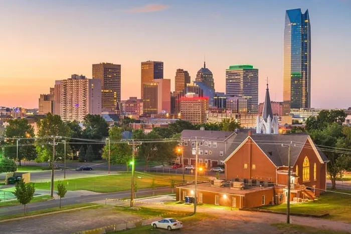 Framed Print : Oklahoma City, Oklahoma, USA downtown skyline at twilight