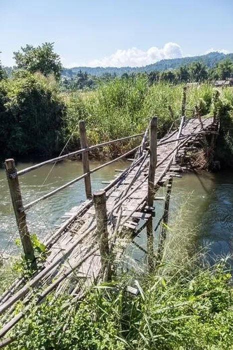 Framed Print : Old bamboo bridge is crossing the small river near the paddy field of the local farmer Framed Print : Old bamboo bridge is crossing the small river near the paddy field of the local farmer