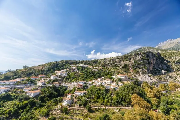 Framed Print : An old city in the mountains of Albania. Top landscape view Framed Print : An old city in the mountains of Albania. Top landscape view