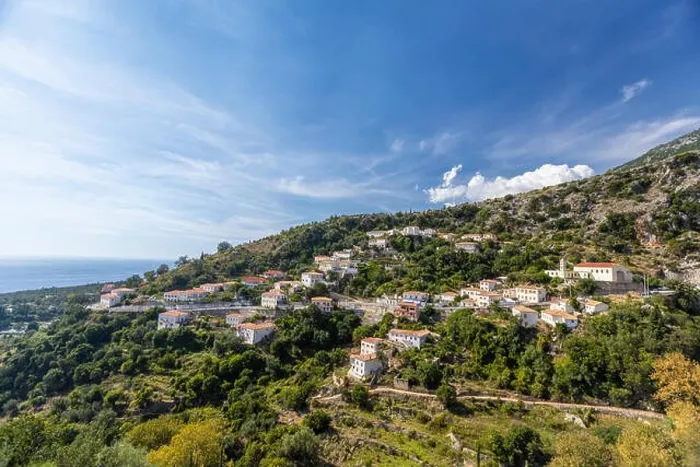 Framed Print : An old city in the mountains of Albania. Top landscape view Framed Print : An old city in the mountains of Albania. Top landscape view