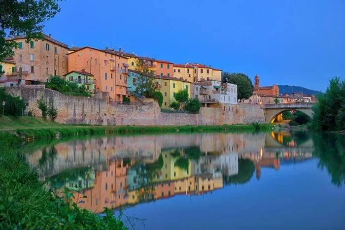 Framed Print : Old city reflection in Tevere river, Umbertide, Italy Framed Print : Old city reflection in Tevere river, Umbertide, Italy