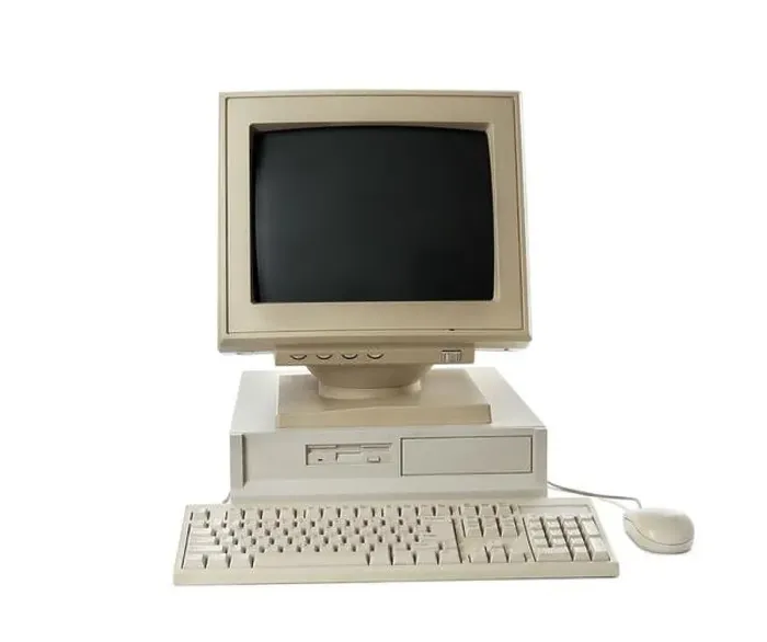Framed Print : Old computer monitor, system unit, keyboard and mouse on white background Framed Print : Old computer monitor, system unit, keyboard and mouse on white background