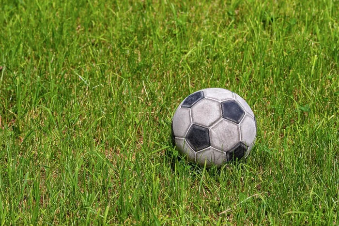 Framed Print : Old leather soccer ball on green grass with copy space, football sport concept