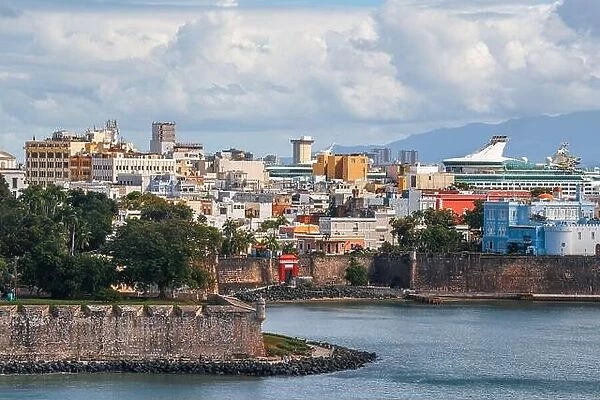 Old San Juan, Puerto Rico cityscape on the water in the Caribbean