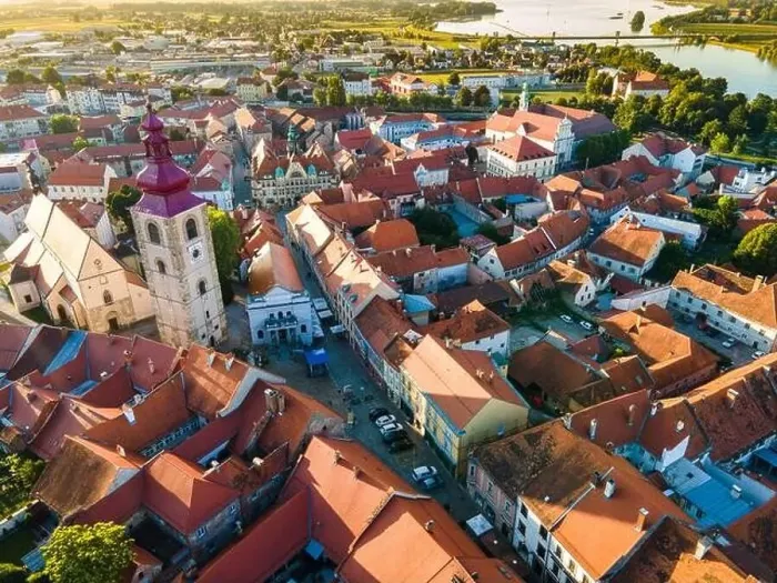 Framed Print : Old Streets of Ptuj in Slovenia, Drone View at Sunrise Framed Print : Old Streets of Ptuj in Slovenia, Drone View at Sunrise