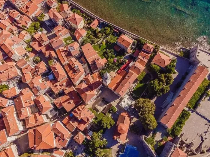 Framed Print : Old town in Budva in a beautiful summer day, Montenegro. Aerial image. Top view Framed Print : Old town in Budva in a beautiful summer day, Montenegro. Aerial image. Top view