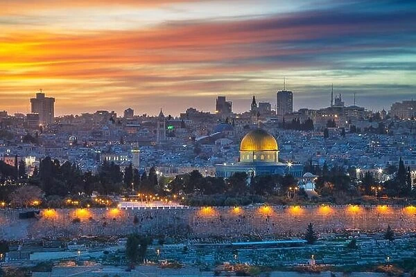 Old Town of Jerusalem. Cityscape image of Jerusalem, Israel with Dome of the Rock at sunset