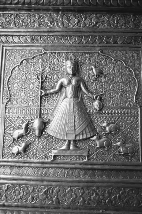 Framed Print : Old vintage 1900s photo of Indian Goddess Karnimata silver statue panel at Deshnok Rat temple Bikaner Rajasthan India Framed Print : Old vintage 1900s photo of Indian Goddess Karnimata silver statue panel at Deshnok Rat temple Bikaner Rajasthan India