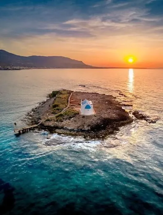 Framed Print : An old white church in a small island at sunset in Malia, Crete, Greece Framed Print : An old white church in a small island at sunset in Malia, Crete, Greece