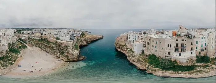 Framed Print : Old white city near blue the Sea Polignano Apulia Coastline blue in Italy Drone 360 vr Framed Print : Old white city near blue the Sea Polignano Apulia Coastline blue in Italy Drone 360 vr