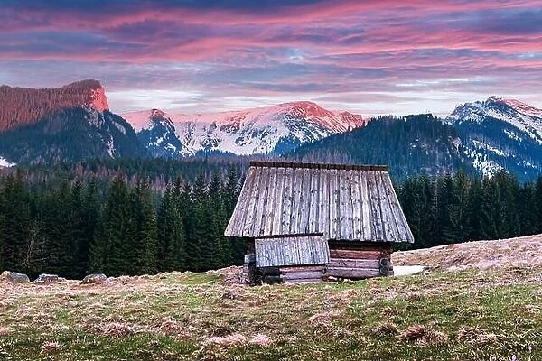 Old wooden hut in spring High Tatras