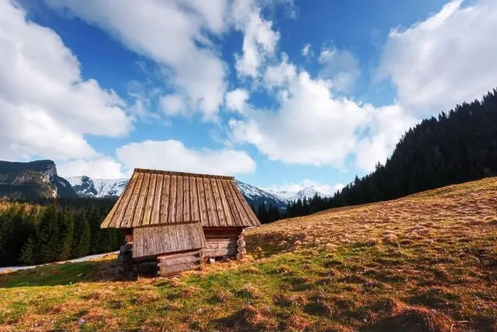 Framed Print : Old wooden hut in spring High Tatras mountains in Kalatowki meadow, Zakopane, Poland. Crocus flowers on a foreground. Landscape photography Framed Print : Old wooden hut in spring High Tatras mountains in Kalatowki meadow, Zakopane, Poland. Crocus flowers on a foreground. Landscape photography