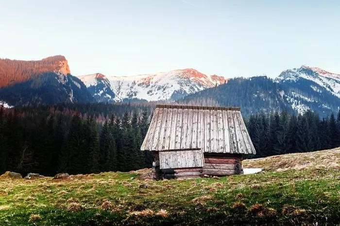 Framed Print : Old wooden hut and sunset sky in spring High Tatras mountains in Kalatowki meadow, Zakopane, Poland. Landscape photography Framed Print : Old wooden hut and sunset sky in spring High Tatras mountains in Kalatowki meadow, Zakopane, Poland. Landscape photography