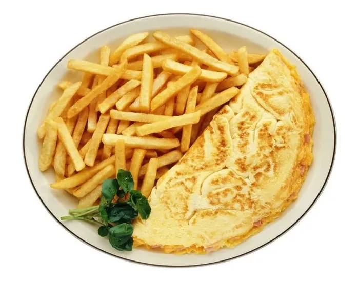 Framed Print : An omelet and French fries on a plate Framed Print : An omelet and French fries on a plate