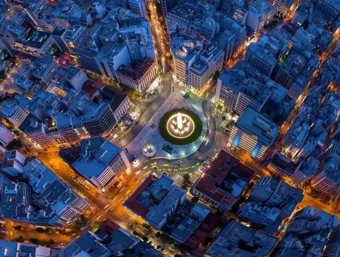 Framed Print : Omonia square aerial view at night time, Athens city center view from the sky. Aerial drone view of night Athens, Greece Framed Print : Omonia square aerial view at night time, Athens city center view from the sky. Aerial drone view of night Athens, Greece