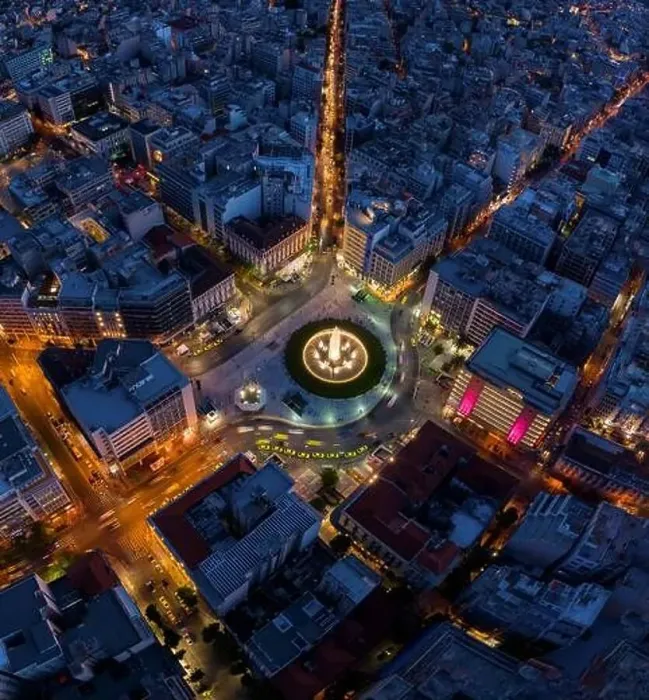 Framed Print : Omonia square aerial view at night time, Athens city center view from the sky. Aerial drone view of night Athens, Greece Framed Print : Omonia square aerial view at night time, Athens city center view from the sky. Aerial drone view of night Athens, Greece