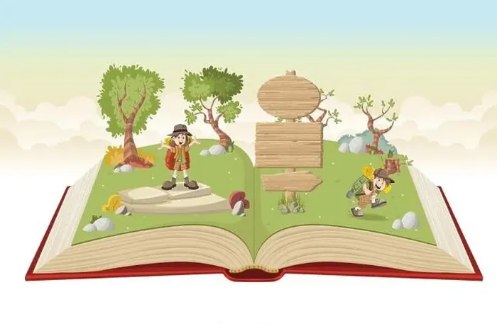 Framed Print : Open book with cartoon kids in explorer outfit on a green park Framed Print : Open book with cartoon kids in explorer outfit on a green park