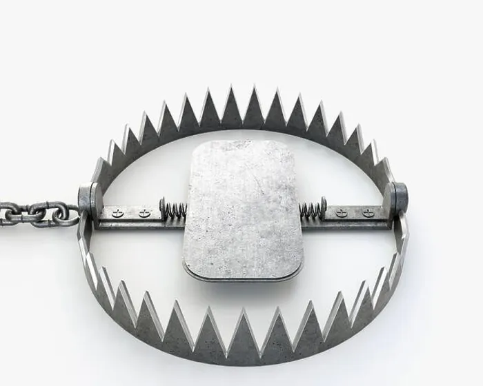 Framed Print : An open metal animal hunting trap attached to the ground with a metal chain on an isolated studio background - 3D render Framed Print : An open metal animal hunting trap attached to the ground with a metal chain on an isolated studio background - 3D render