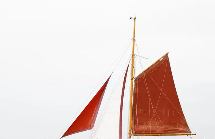 Framed Print : The Orange, Red Sails Of A Gaff Rig Sailing Rig Of A Vintage Cornish Crabber, UK