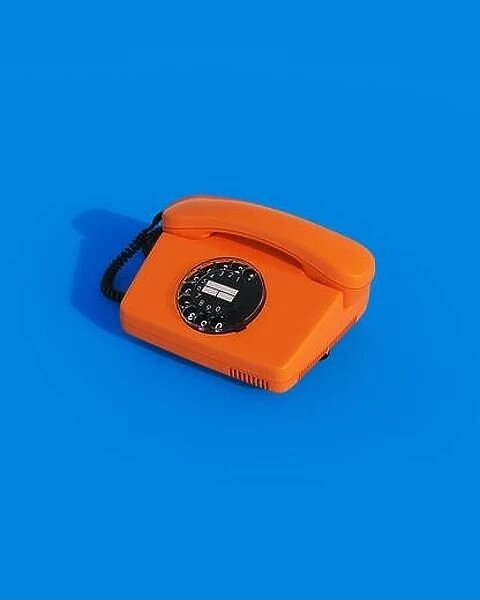 Orange vintage telephone nostalgia 80s 90s retro kitsch blue background wallpaper 3d illustration render digital rendering