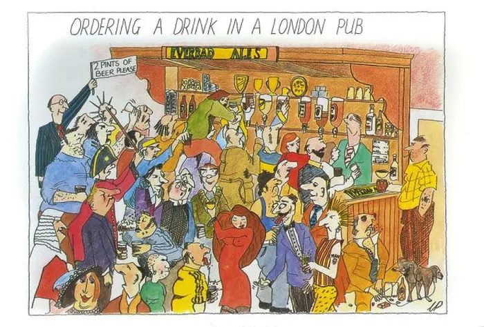 Framed Print : Ordering a drink in a London pub. 1980's amusing funny London postcard by Chris Parker Framed Print : Ordering a drink in a London pub. 1980's amusing funny London postcard by Chris Parker