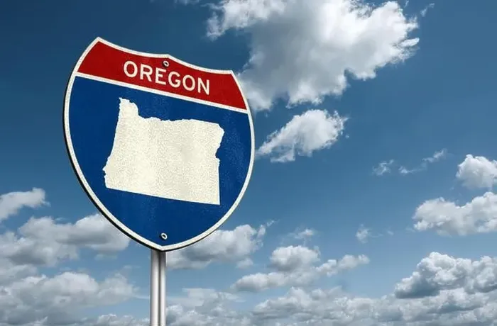 Framed Print : Oregon map - Interstate road sign Framed Print : Oregon map - Interstate road sign