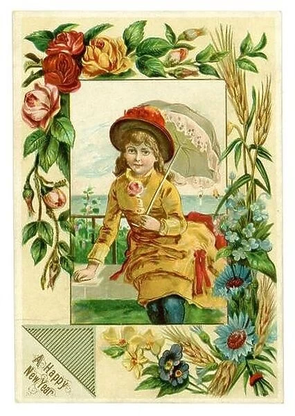 Original charming attractive Victorian New Years greetings card of a pretty young girl wearing a hat, holding a parasol