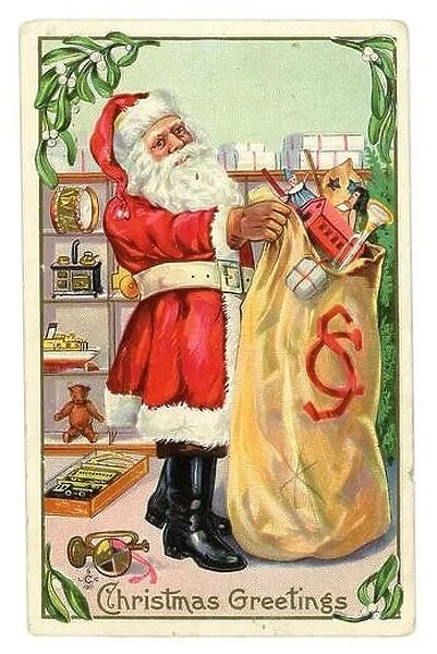 Original Edwardian era Christmas postcard of Santa with sack of toys, loading presents from his store shelves, circa 1907, U.K