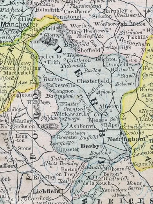 Framed Print : Original old map of Derby County from 1884 geography textbook Framed Print : Original old map of Derby County from 1884 geography textbook