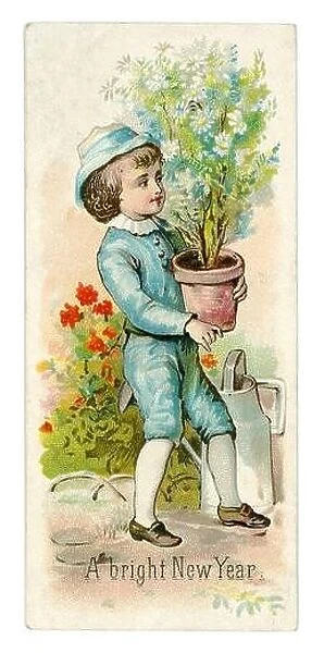 Original Victorian scrapbook seasonal New Year's greetings card cutting, sentimental image of a young boy in the garden holding a flower pot with