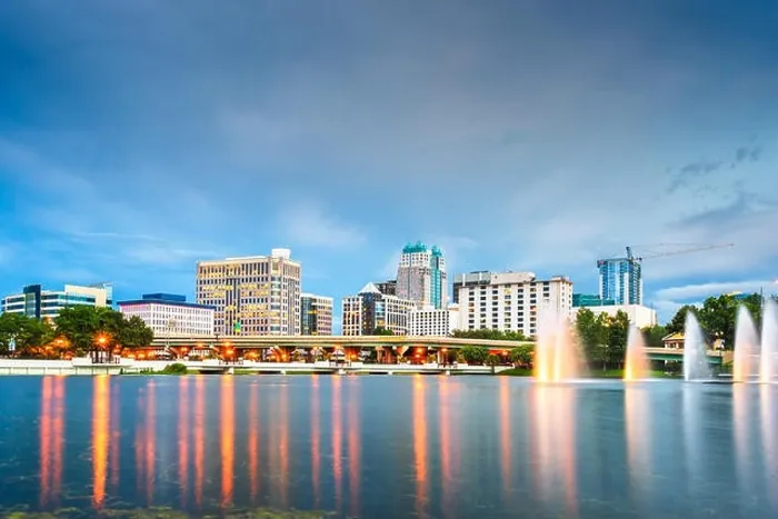 Framed Print : Orlando, Florida, USA aerial cityscape towards Lake Eola at dusk