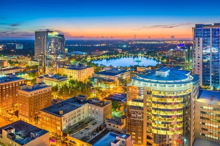 Framed Print : Orlando, Florida, USA aerial cityscape towards Lake Eola at dusk Framed Print : Orlando, Florida, USA aerial cityscape towards Lake Eola at dusk