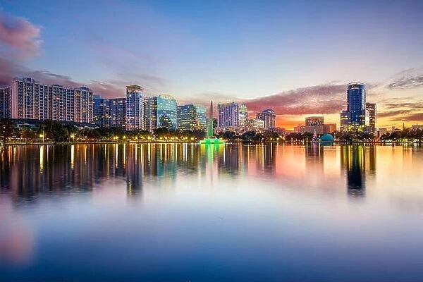 Orlando, Florida, USA downtown city skyline on Eola Lake